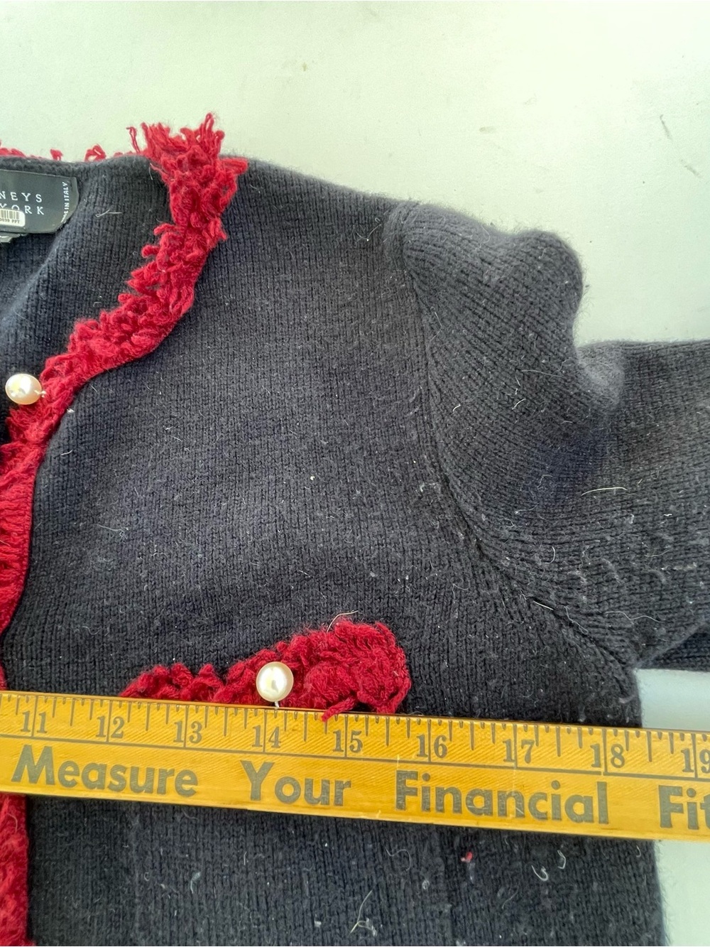 Barneys New York 100% Cashmere Cardigan XS Italy Black Red Fringe Pearl Y2K - Picture 8 of 9
